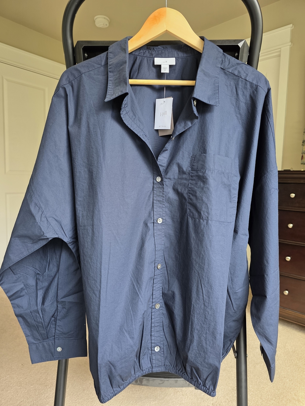 NWT J.Jill Elastic Hem Relaxed Button Front Shirt Navy Blue 3X